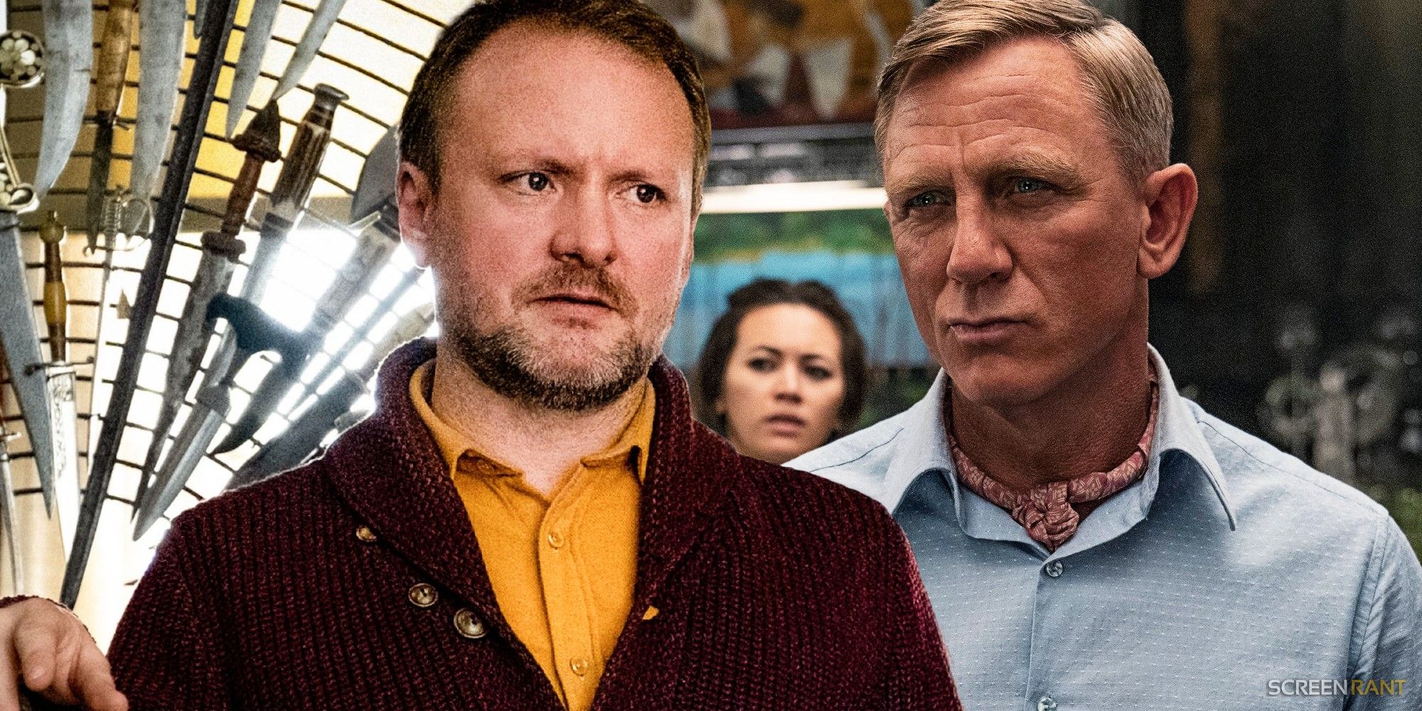 Rian Johnson on the set of Knives Out and Daniel Craig as Benoit Blanc in Glass Onion