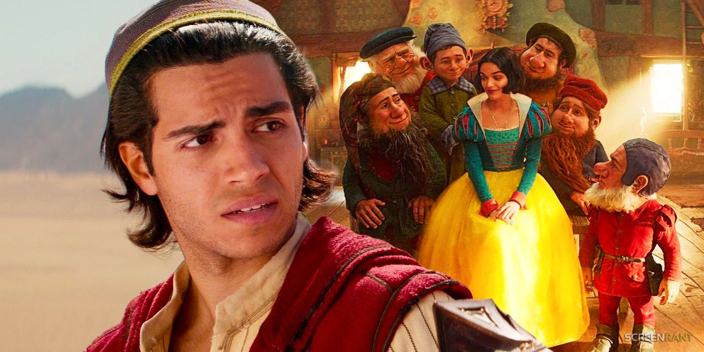 Aladdin looking confused in Aladdin and the live-action Snow White with CGI dwarfs