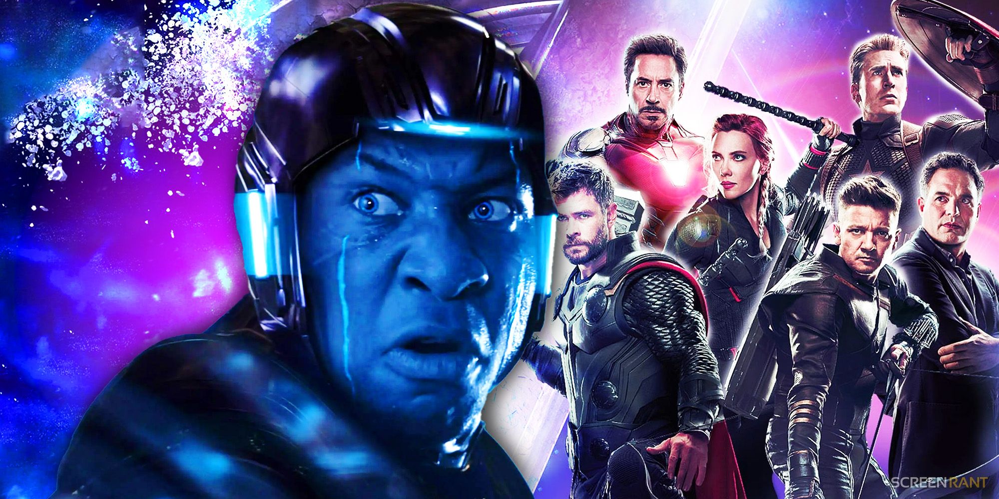 Custom image of Jonathan Majors' Kang the Conqueror with his blue visor looking concerned and the original Avengers from an Avengers: Endgame official poster
