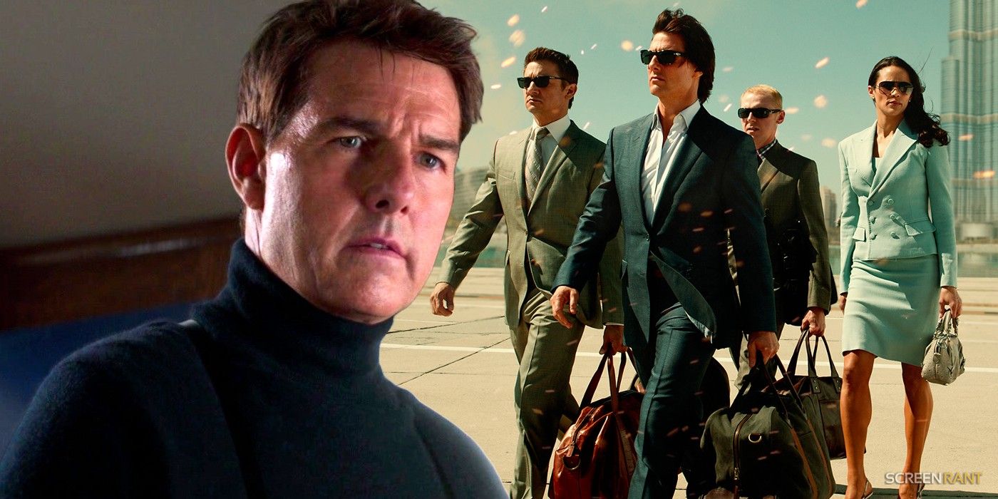 Tom Cruise in Mission: Impossible - Dead Reckoning Part 1 and the cast of Mission: Impossible - Ghost Protocol