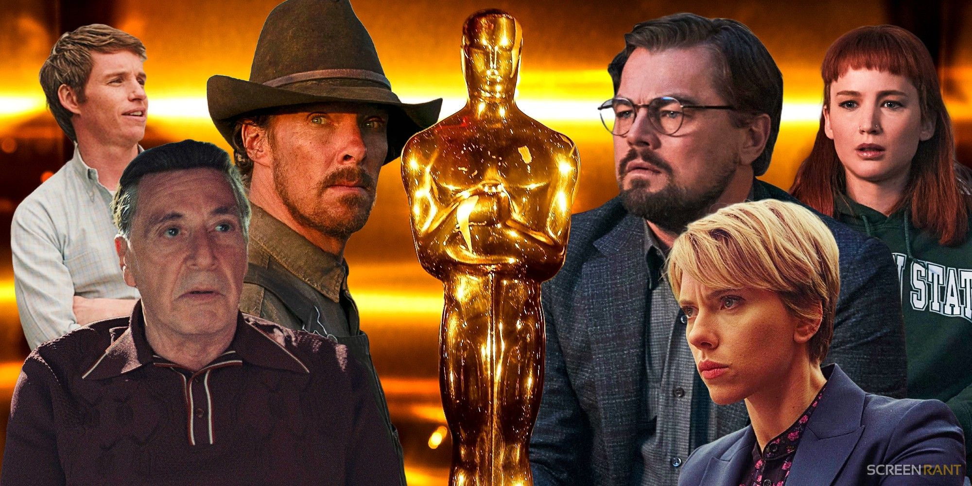 Trial of Chicago 7, The Irishman, The Power of the Dog, Don't Look Up, and Marriage Story with Oscars statue