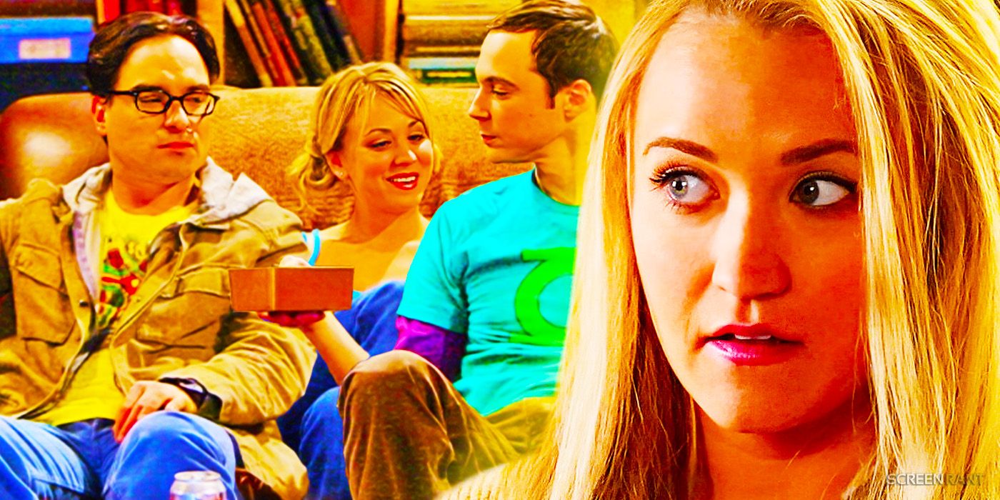 Johnny Galecki as Leonard, Kaley Cuoco as Penny, and Jim Parsons as Sheldon in The Big Bang Theory and Emily Osment as Mandy from Young Sheldon