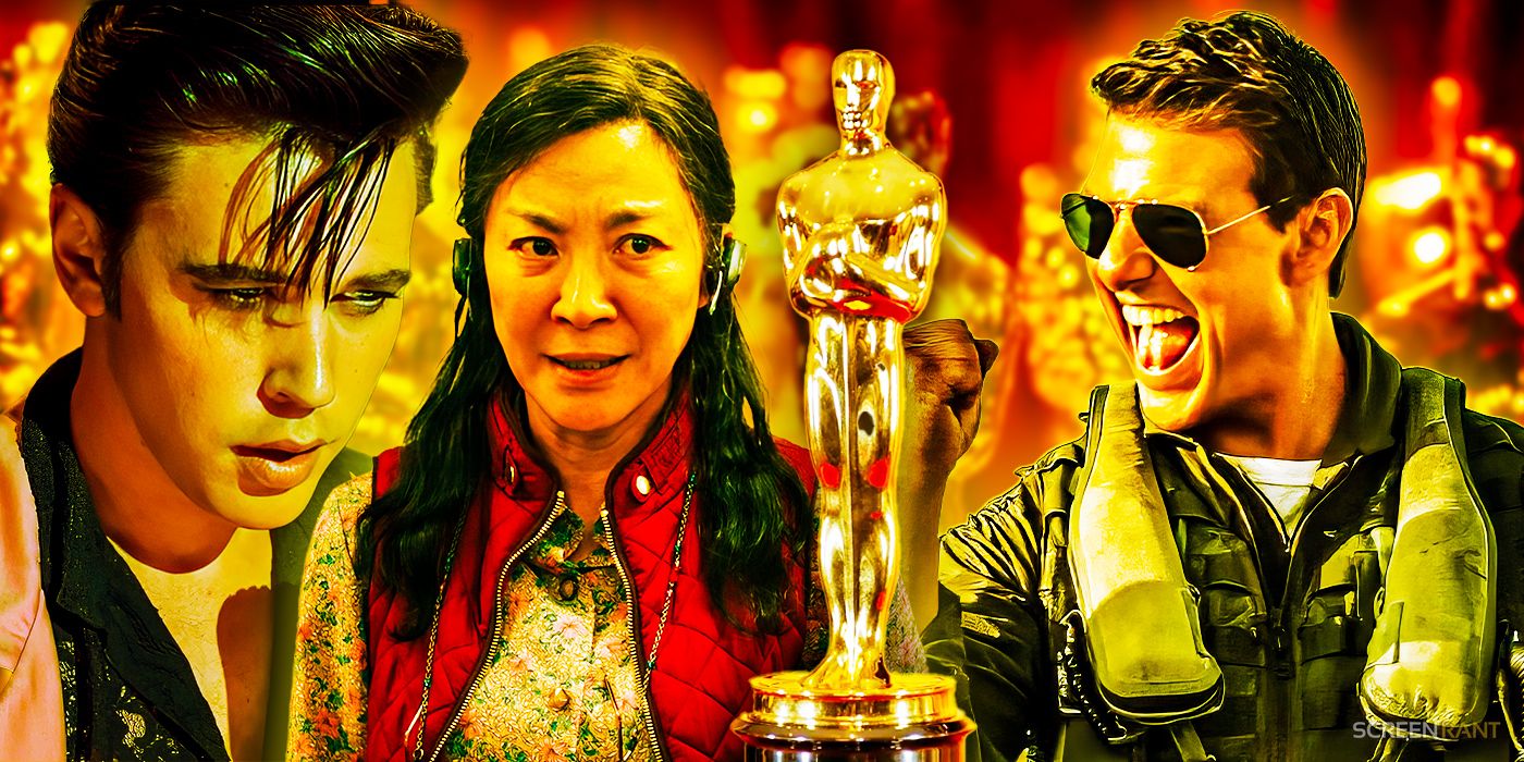 Austin Butler in Elvis, Michelle Yeoh in Everything Everywhere All At Once, and Tom Cruise in Top Gun: Maverick in front of Oscar statues