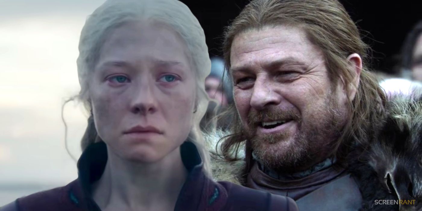 Rhaenyra Targaryen covered in ash and looking sad in House of the Dragon season 2, with an image of Ned Stark smiling in Game of Thrones season 1 episode 1