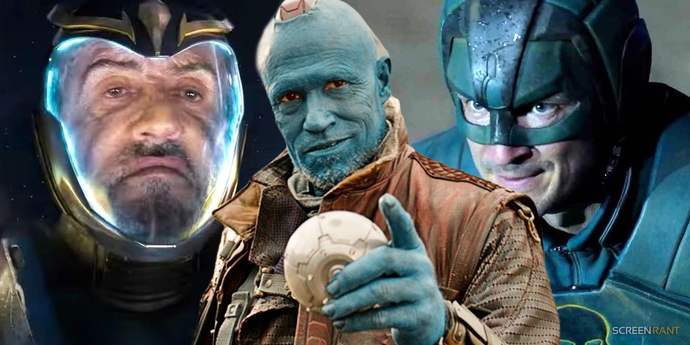 Sylvester Stallone as Stakar Ogord in Guardians if the Galaxy Vol.3, Michel Rooker as Yondu in Guardians of the Galaxy, and Nathan Fillion as T.D.K in The Suicide Squad