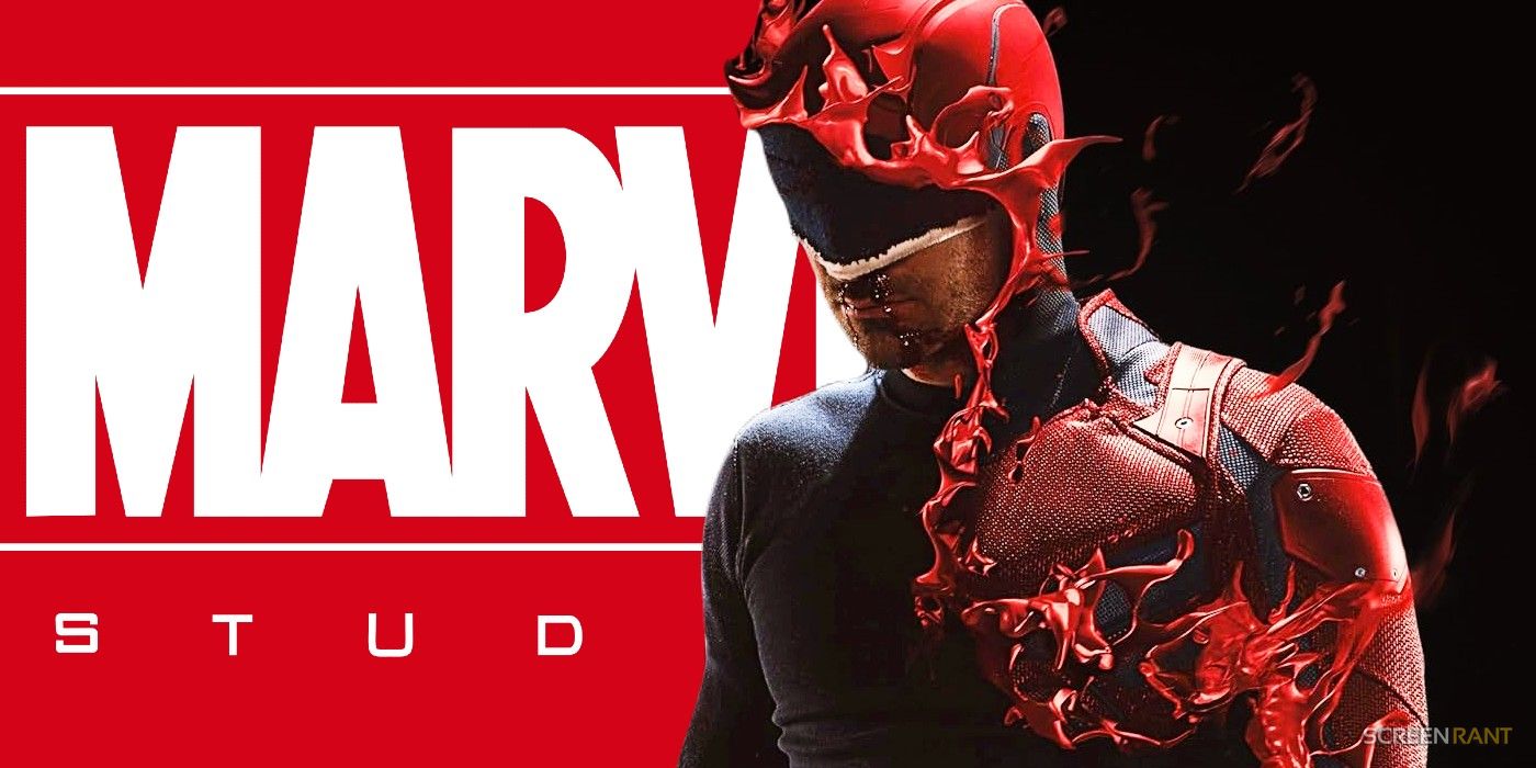 The Marvel Studios logo with a Netflix Daredevil official poster where his suit is going up like flames to reveal the dark makeshift costume beneath it