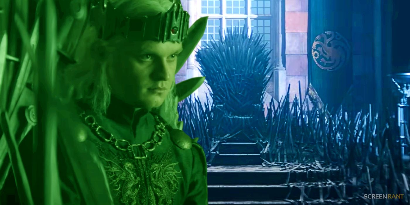 Tom Glynn-Carney as King Aegon on the Iron Throne in House of the Dragon season 2, shaded in green, with another image of the Iron Throne and Targaryen banners