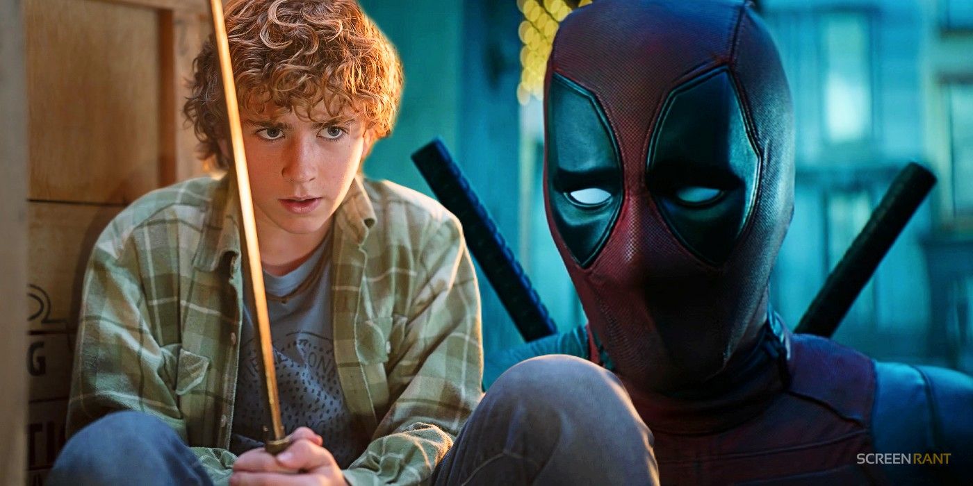 Walker Scobell holding a sword as Percy Jackson and Ryan Reynolds' Deadpool looking sad