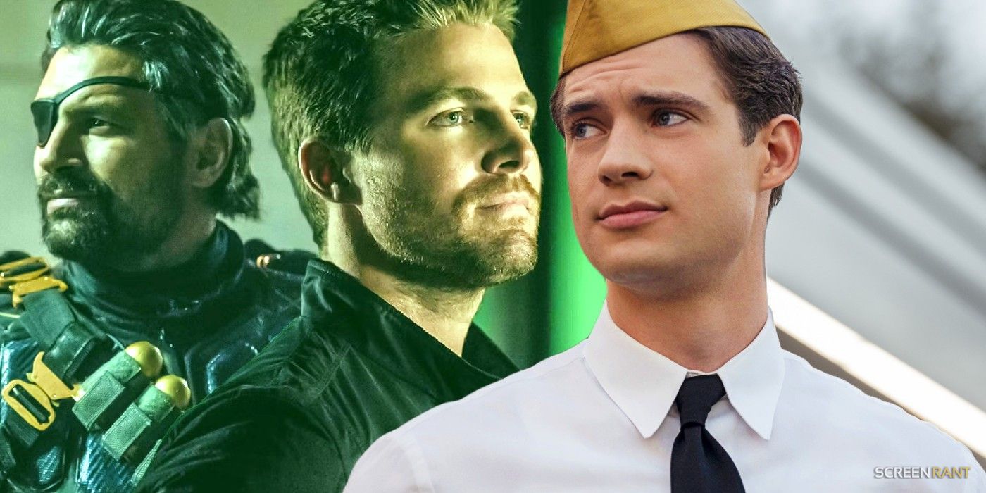 Arrowverse Deathstroke and Oliver Queen next to David Corenswet from Netflix's Hollywood