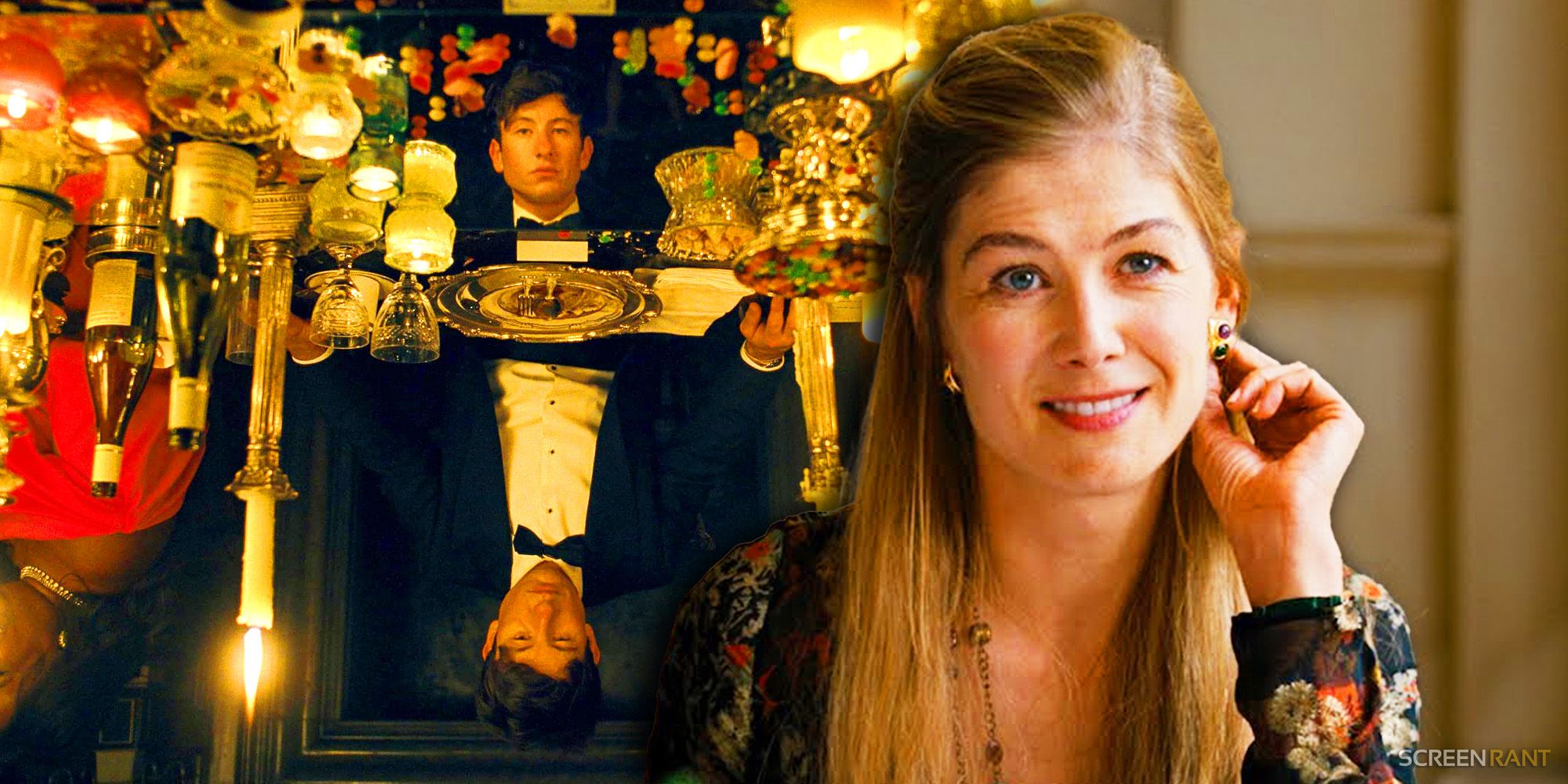 Barry Keoghan as Oliver reflected at an opulent dinner table and Rosamund Pike as Lady Elspeth in a floral dress from Saltburn