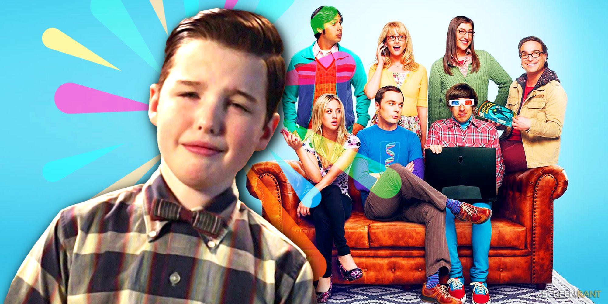Iain Armitage as Sheldon in Young Sheldon and the cast of The Big Bang Theory