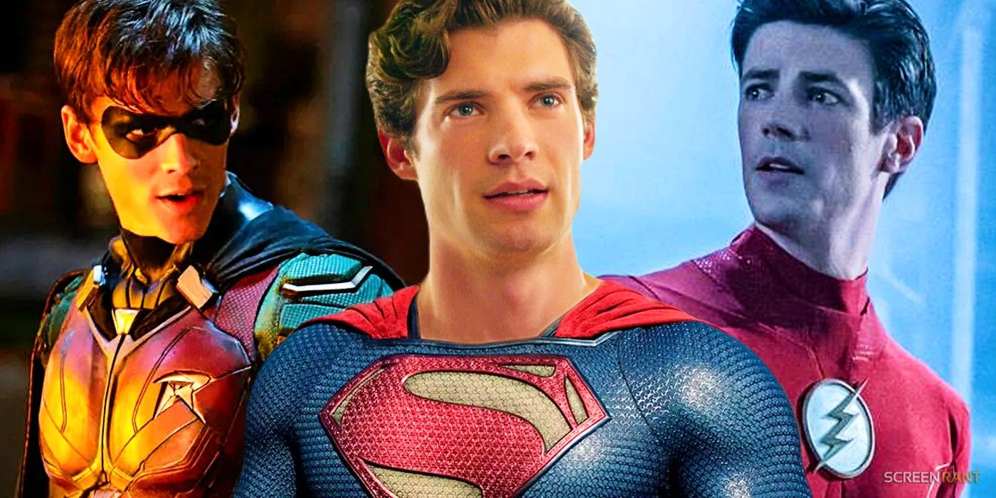 Brenton Thwaites as Robin, David Corenswet with Henry Cavill's Superman suit from Man of Steel, and Grant Gustin as The Flash]