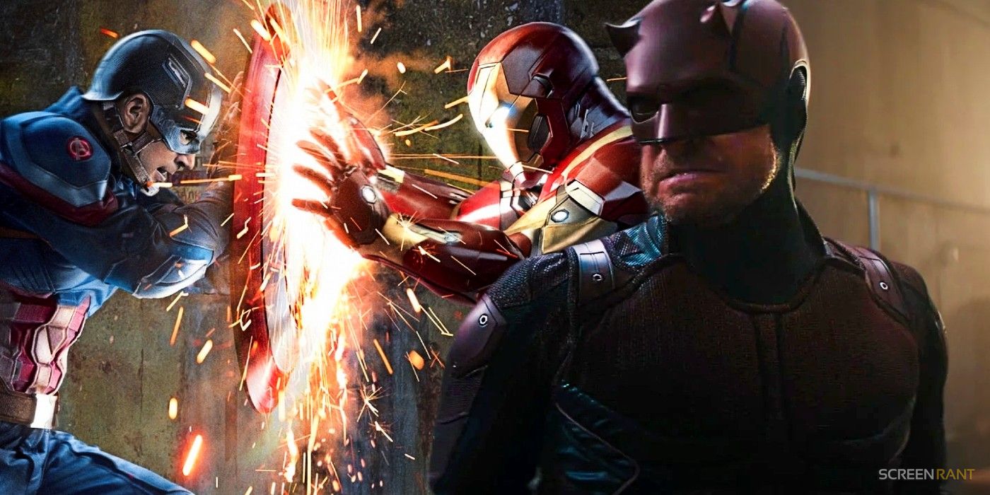Captain America and Iron Man fight iconic shot from Civil War poster and Daredevil looking angry in Echo