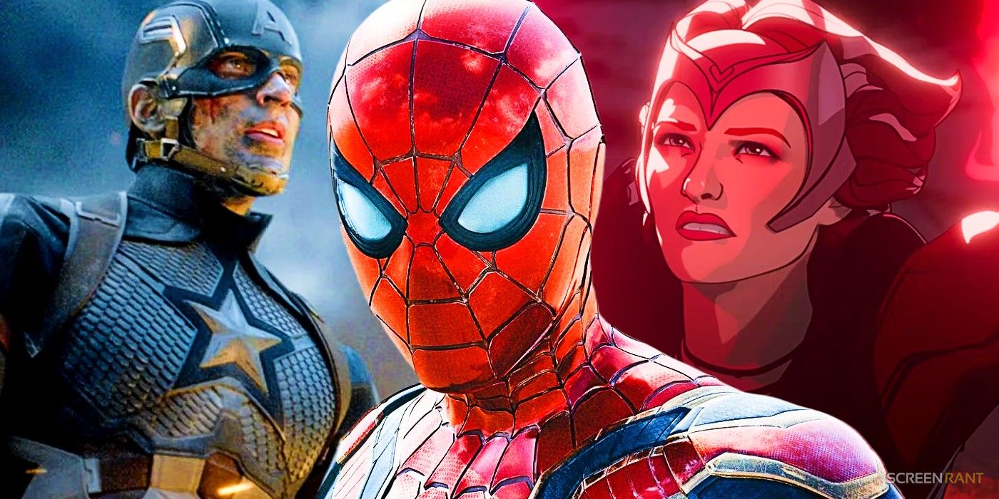 Captain America from Avengers Endgame, Spider-Man from a Spider-Man No Way Home poster, and Scarlet Witch from What If's 1602 episode