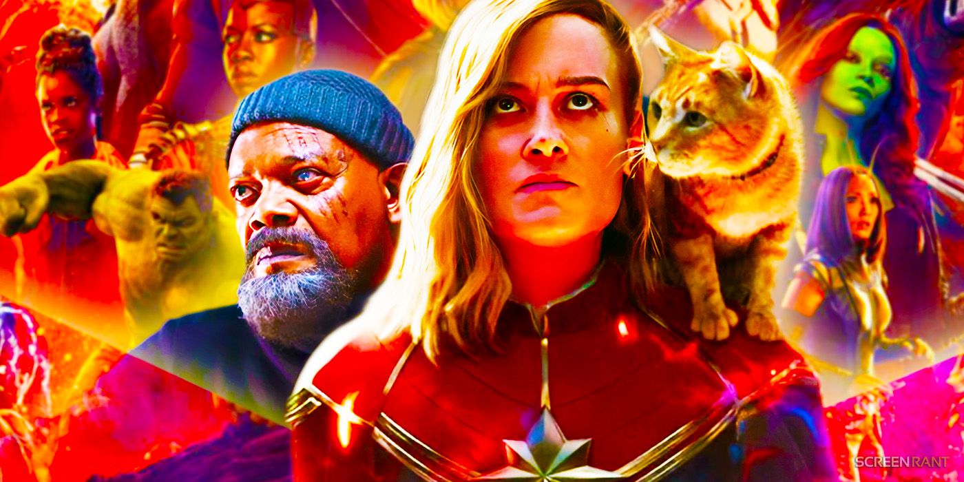 Composite Image Of Samuel L Jackson Looking Angry In Secret Invasion and Brie Larson As Captain Marvel Looking Determined With Goose On Her Shoulder In The Marvels