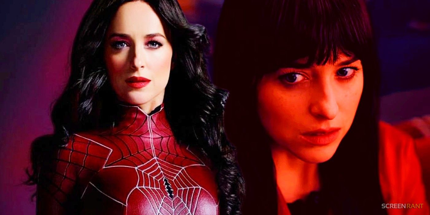Custom image of Dakota Johnson with her Madame Web suit and looking scared in the movie