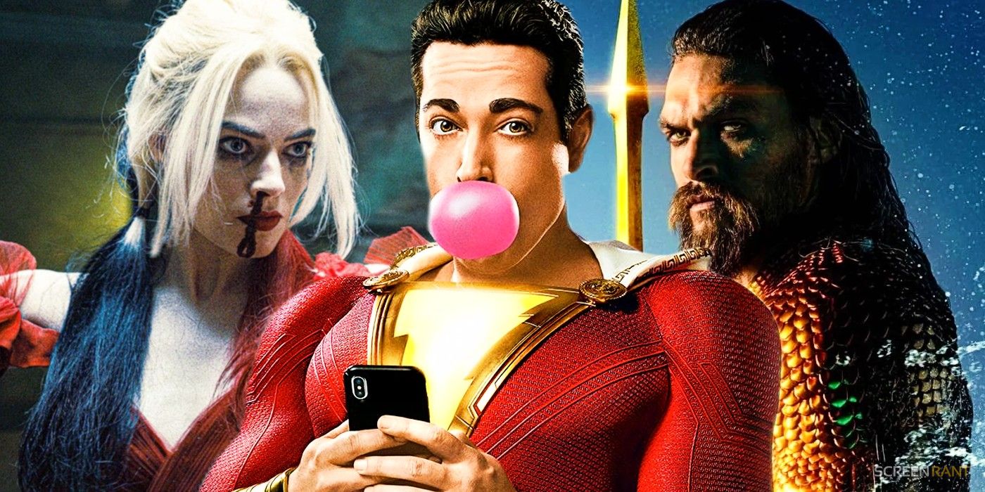 Custom image of Harley Quinn in The Suicide Squad, Shazam in a poster for Shazam!, and Aquaman in a poster for 2018's Aquaman