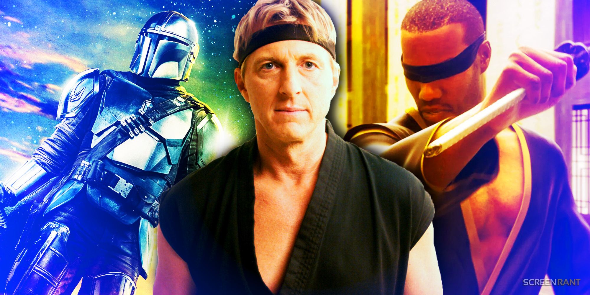 Din Djarin in armor in The Mandalorian, next to Johnny Lawrence in all black karate gear in Cobra Kai and Morpheus wearing a blindfold in Animatrix