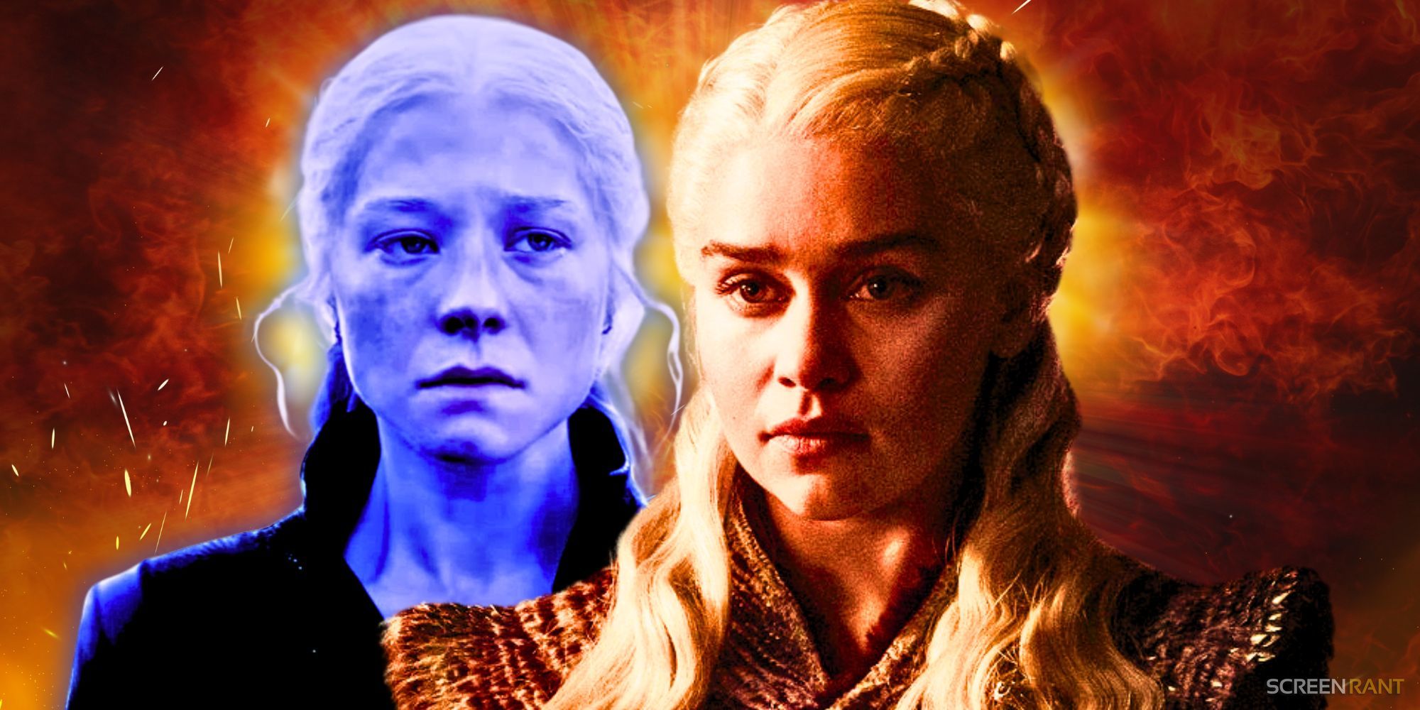 Emma D'Aarcy as Rhaenyra Targaryen in House of the Dragon season 2, shaded in blue, alongside Emilia Clarke as Daenerys in Game of Thrones season 8, with a fiery background