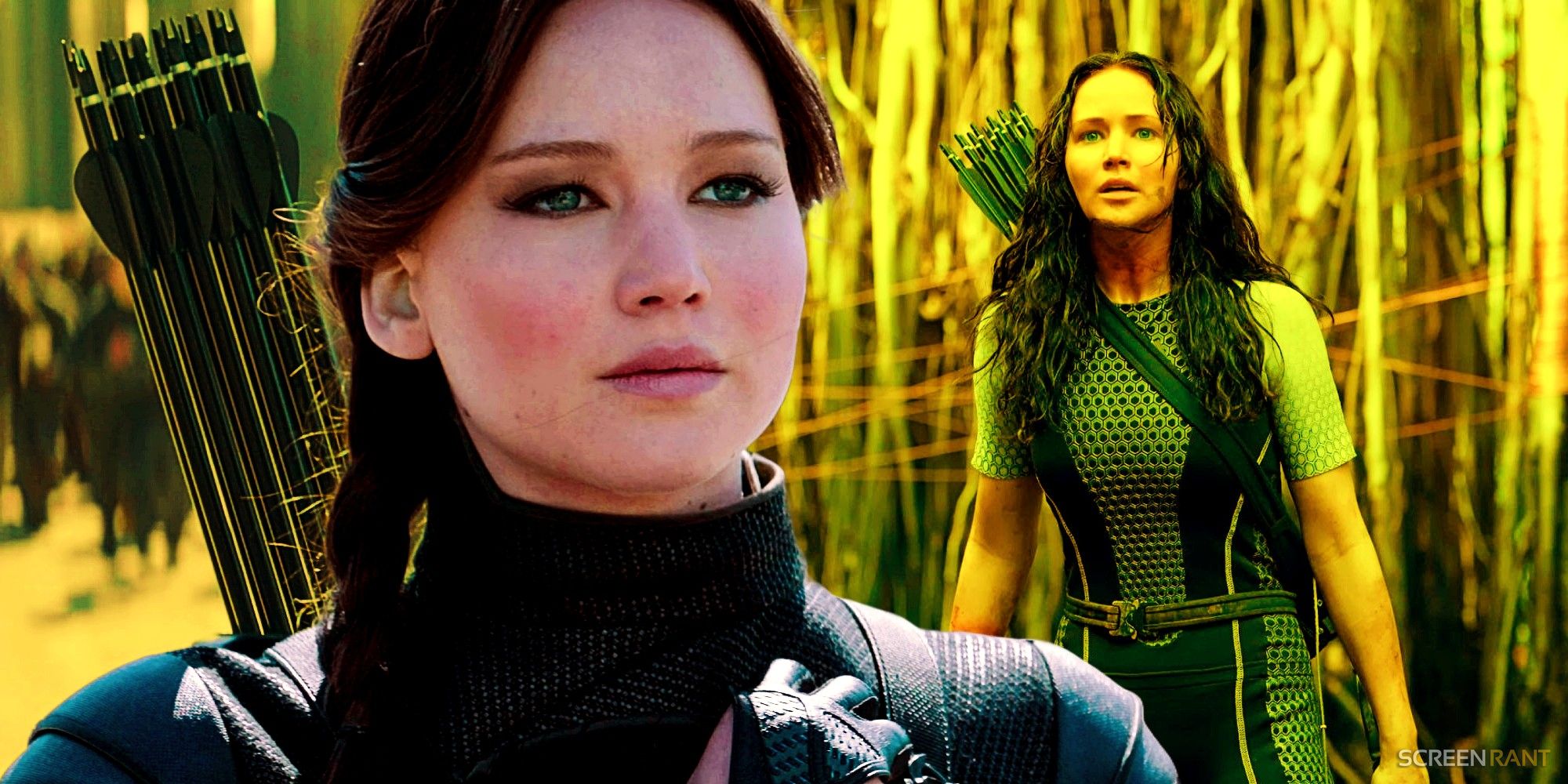 Katniss in Hunger Games Mockingjay Part 2 and Katniss in Catching Fire's games