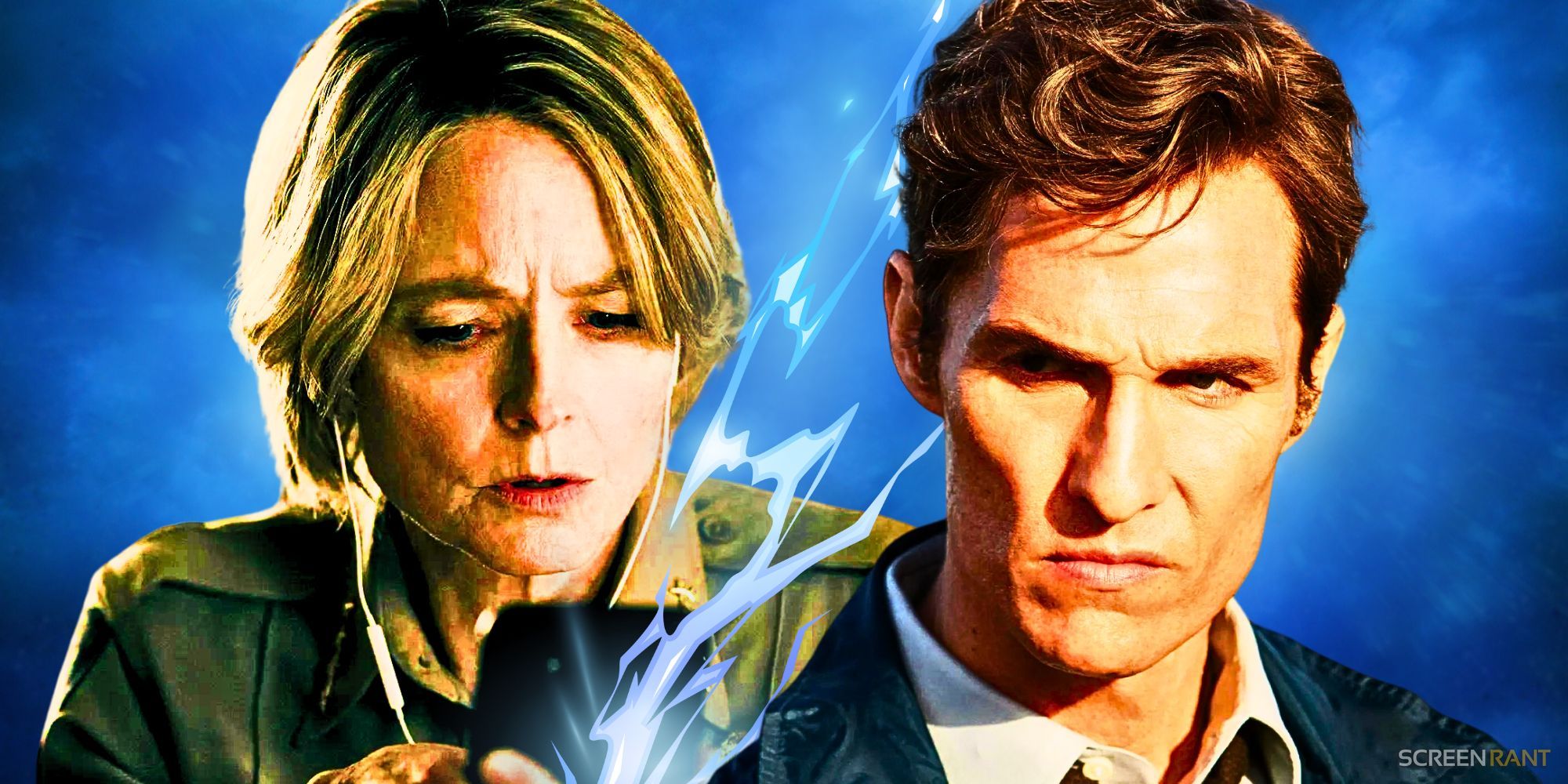 Jodie Foster as Liz Danvers looking at a phone in True Detective Night Country, and Matthew McConaughey as Rust Cohle with shorter hair wearing a blue jacket in True Detective season 1, with a blue background