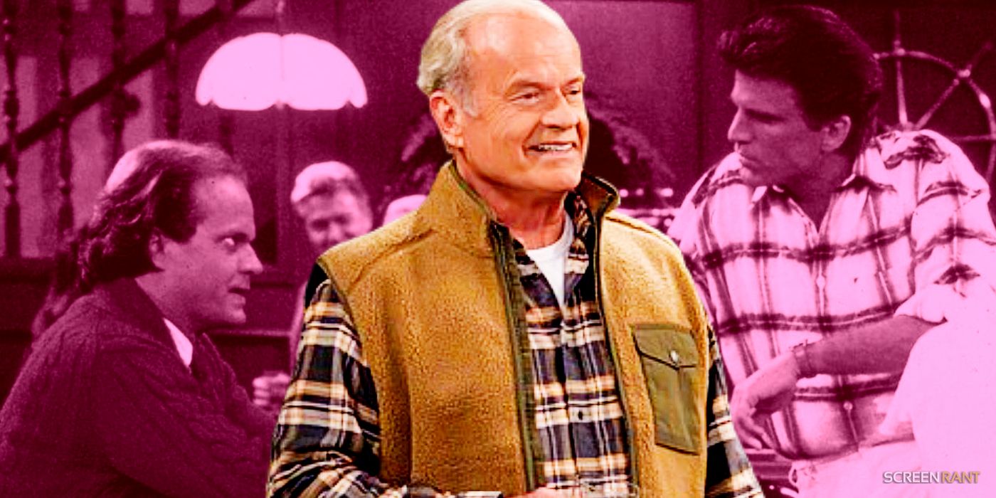 Kelsey Grammer as Frasier in the reboot in front of an image of Frasier and Ted Danson as Sam Malone