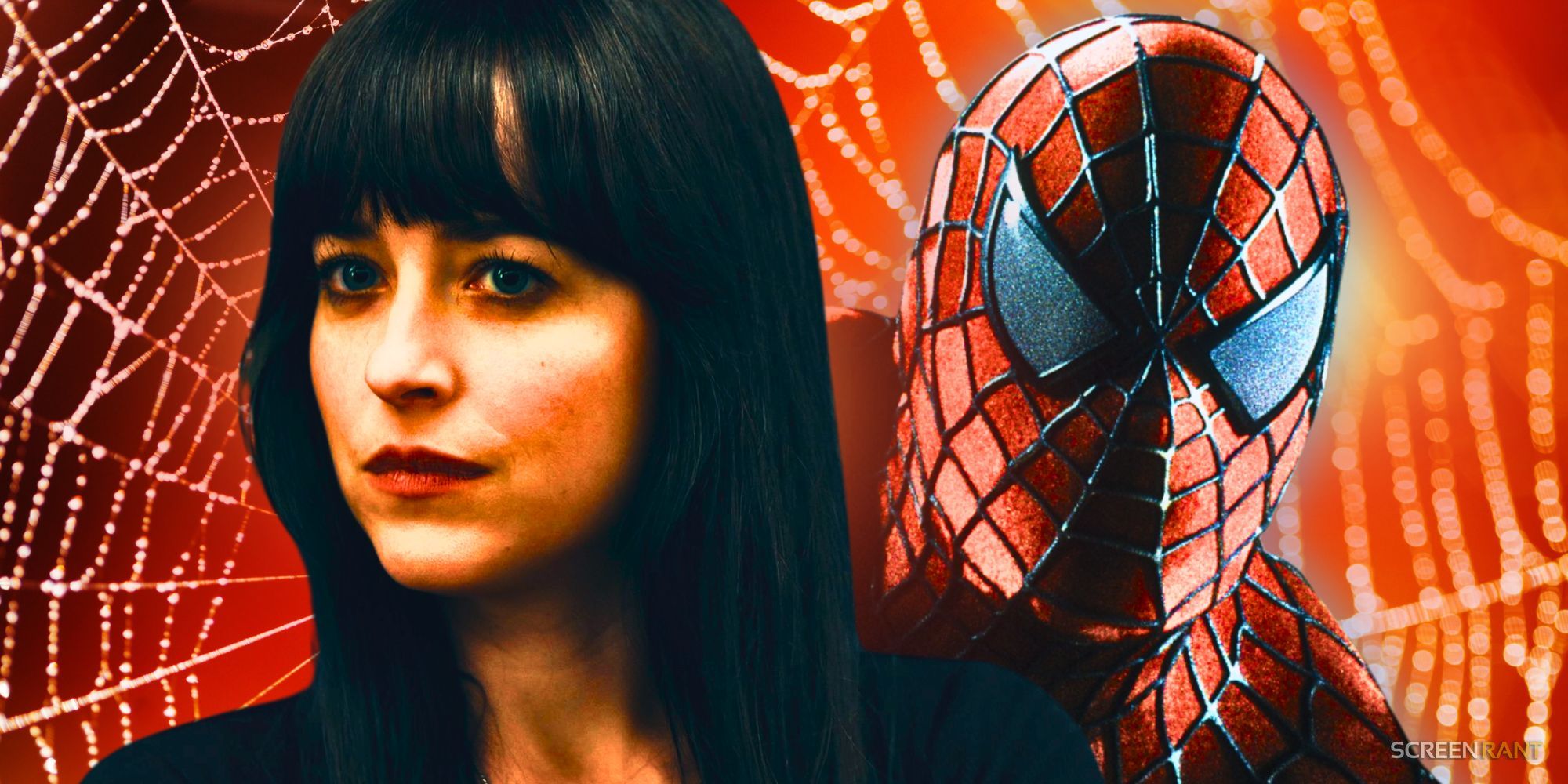 Custom image of Madame Web&rsquo;s Dakota Johnson next to Tobey Maguire&rsquo;s Spider-Man with a webbed background