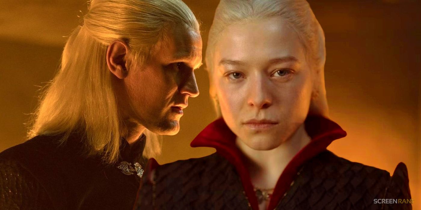 Matt Smith as Daemon Targaryen with Emma D'Arcy as Rhaenyra, staring down the camera with an orange glow in the background, in House of the Dragon's season 1 finale