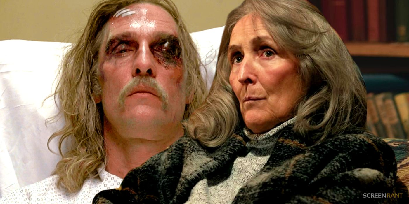 Matthew McConaughey's Rust Cohle bloodied and bruised in hospital in True Detective season 1, next to Fiona Shaw's Rose sitting wearing furs in Night Country