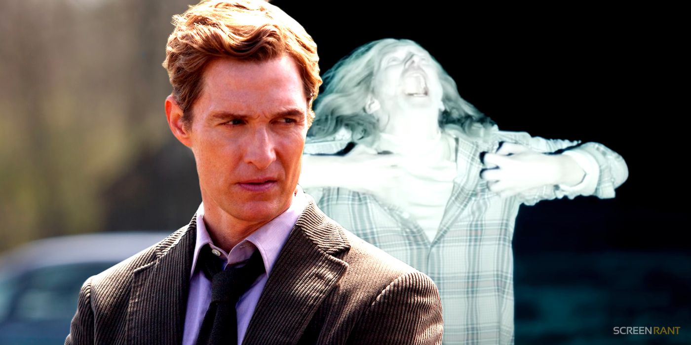 Matthew McConaughey wearing a suit as Rust Cohle with short hair in True Detective season 1, next to an image of Travis in a checked shirt from True Detective Night Country