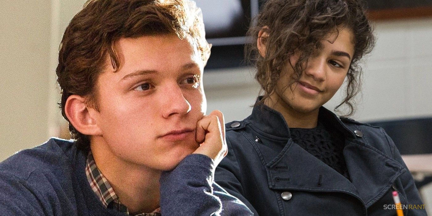 Montage of Zendaya's MJ looking at Tom Holland's Peter Parker in Spider-Man Homecoming