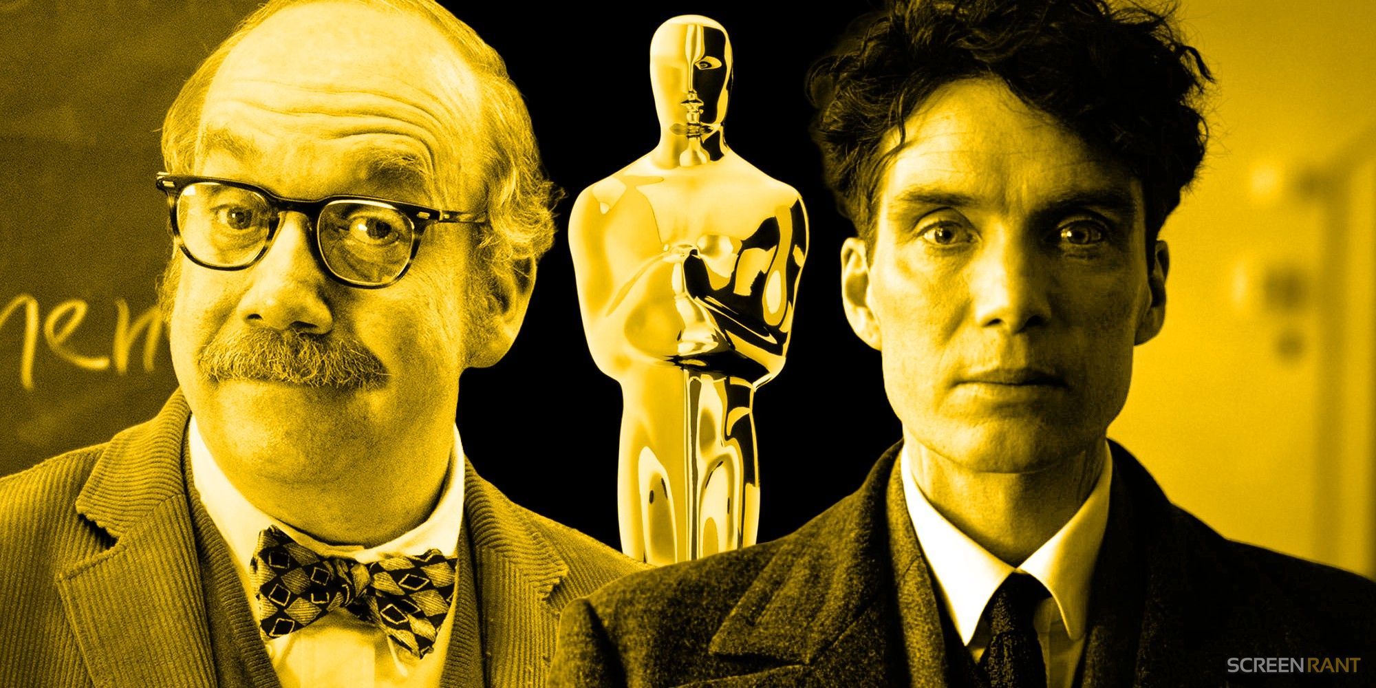Paul Giamatti in The Holdovers and Cillian Murphy in Oppenheimer with Oscars statue