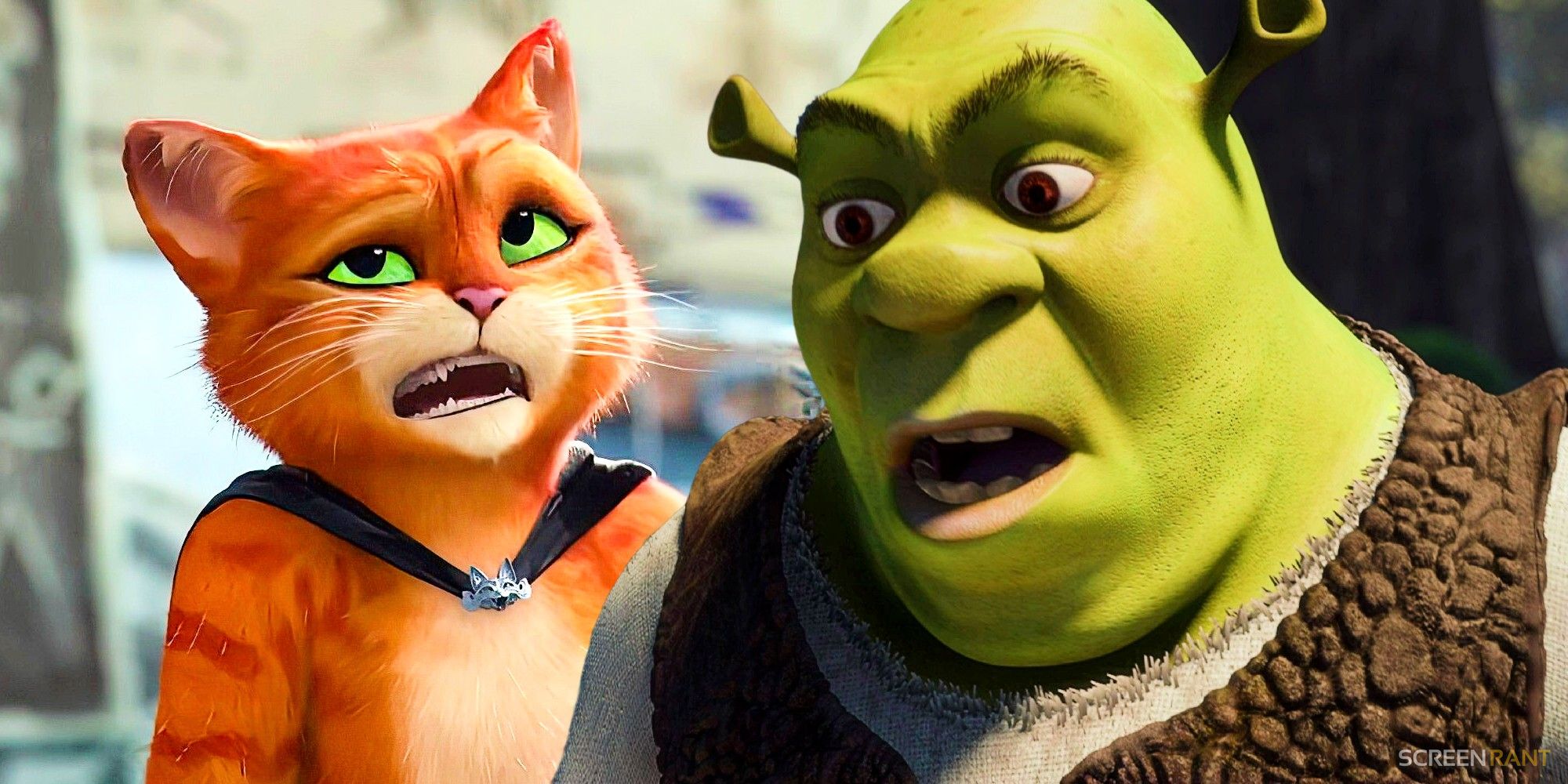 Puss in Boots talking in Puss in Boots: The Last Wish and Shrek surprised in Shrek