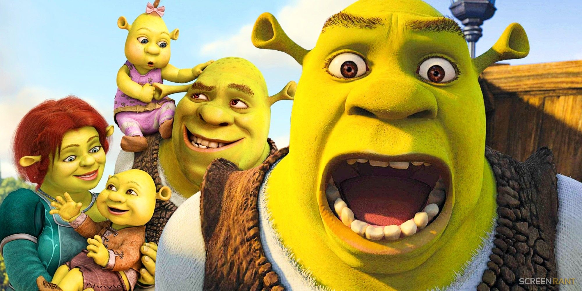 Shrek screaming in Shrek the Third and Fiona with kids in Shrek Forever After