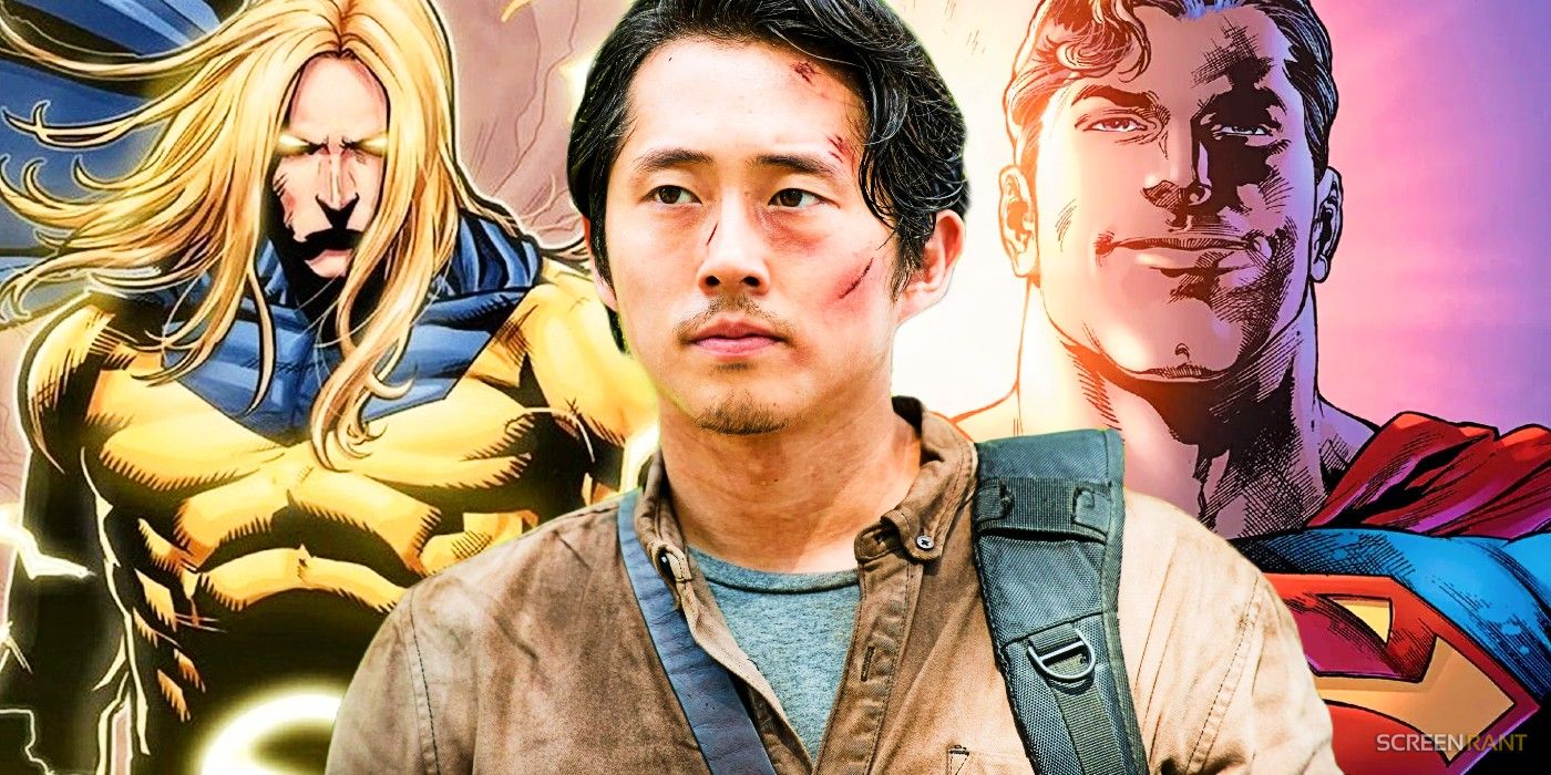 Steven Yeun as Glenn in The Walking Dead with comic book art of Marvel's Sentry and DC's Superman at each side