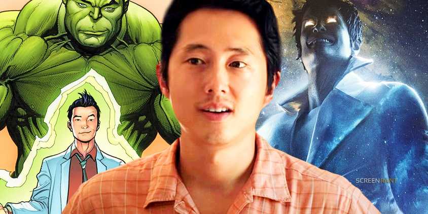 Steven Yeun in Minari with Marvel Comics' Amdaeus Cho Hulk and The Beyonder at each side