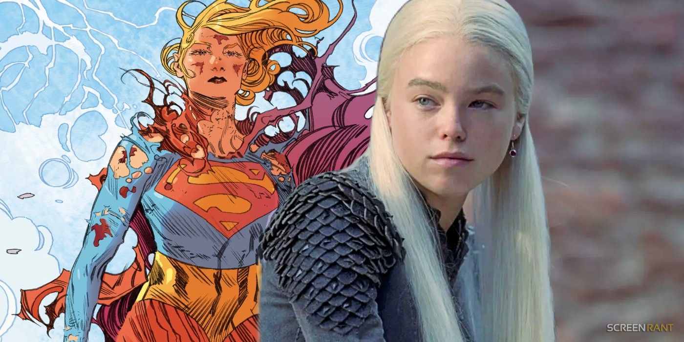 Supergirl hurt with her costume ripped and bloody in Woman of Tomorrow and Milly Alcock in House of the Dragon