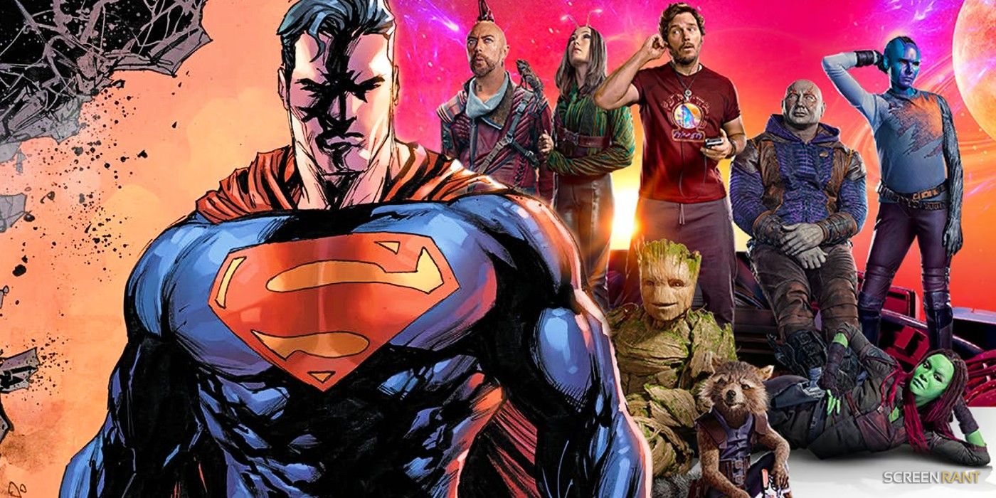 Superman from DC Comics and a poster for Guardians fo the Galaxy Vol.3