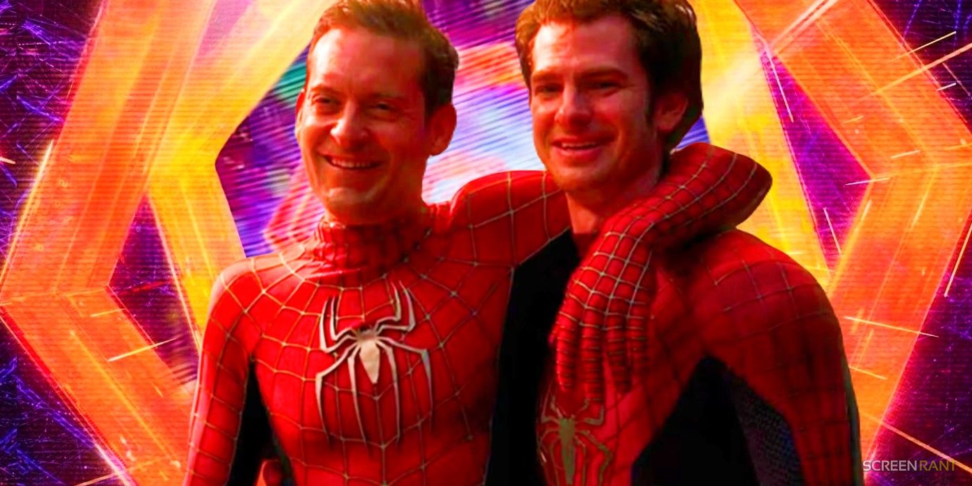 Tobey Maguire and Andrew Garfield's Spider-Men hugging in Spider-Man: No Way Home put in front of the multiversal portal from the Spider-Verse