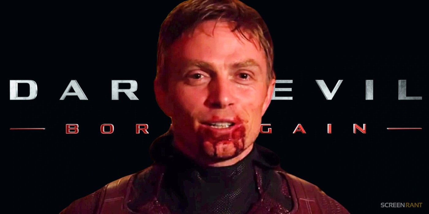 Wilson Bethel's Bullseye with blood on his mouth in front of the Daredevil: Born Again logo