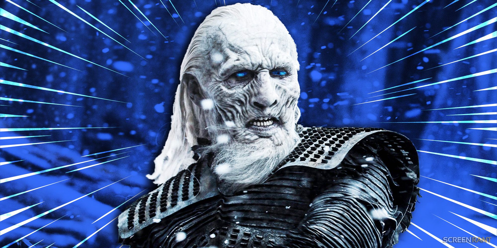 A White Walker in Game of Thrones with an icy blue forest in the background