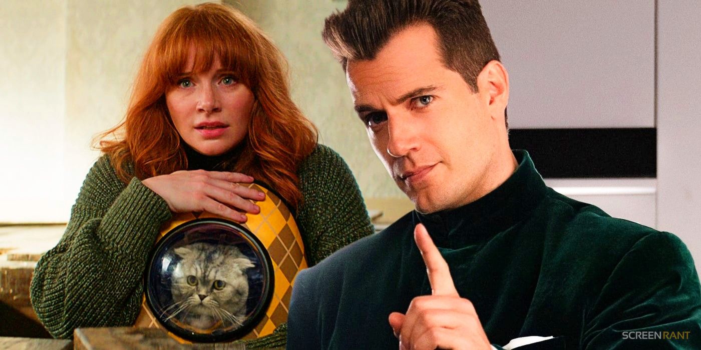 Bryce Dallas Howard as Elly Conway holding a cat and Henry Cavill as Agent Argylle in Argylle