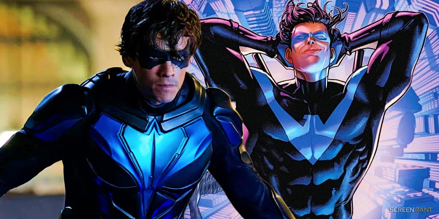 Brenton Thwaites as Nightwing in Titans and Nightwing falling with his arms behind his head in DC Comics