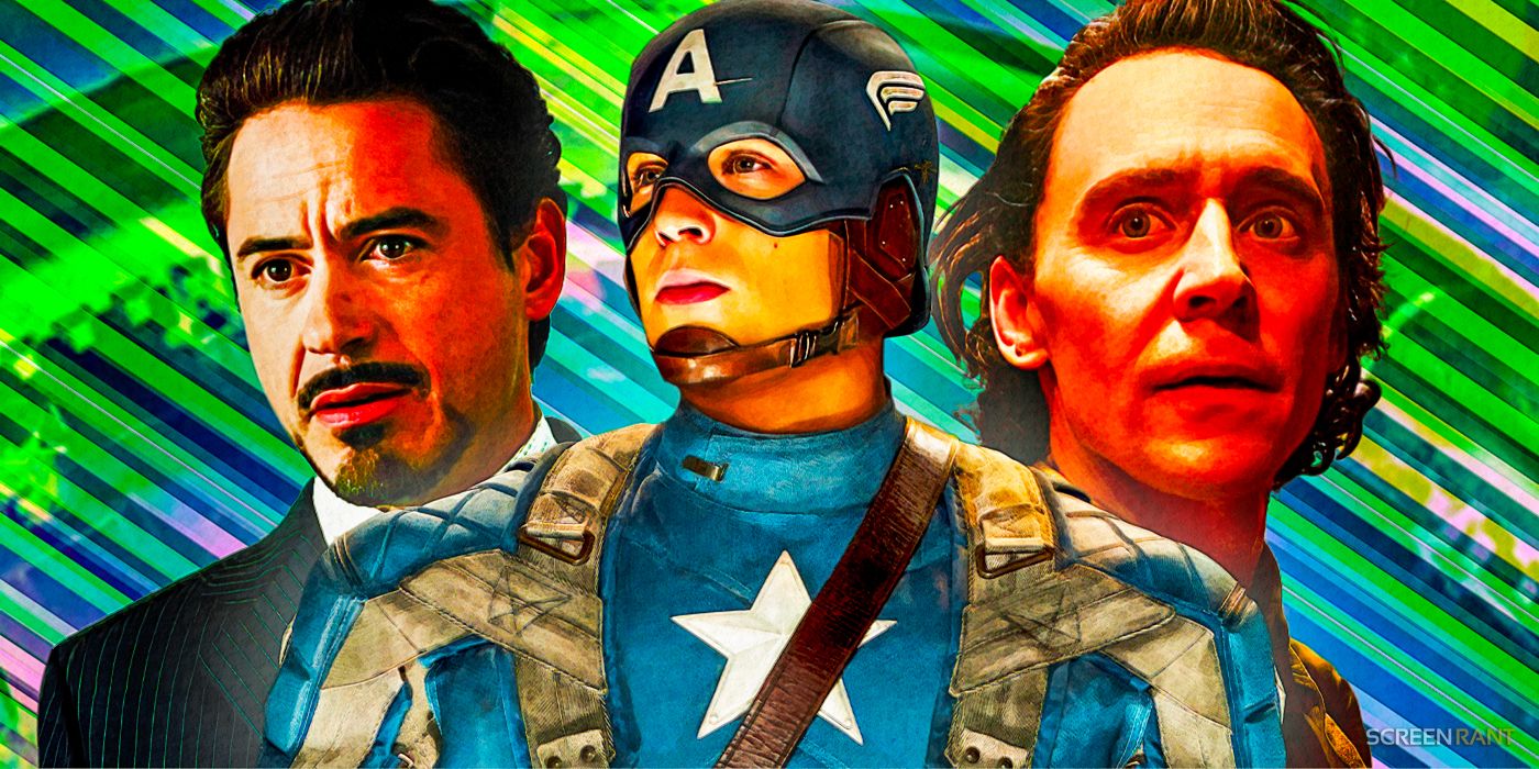 Chris Evans as Captain America (Steve-Rogers), Robert Downey Jr. as Tony Stark, and Tom Hiddleston as Loki in front of a background with green and blue lines