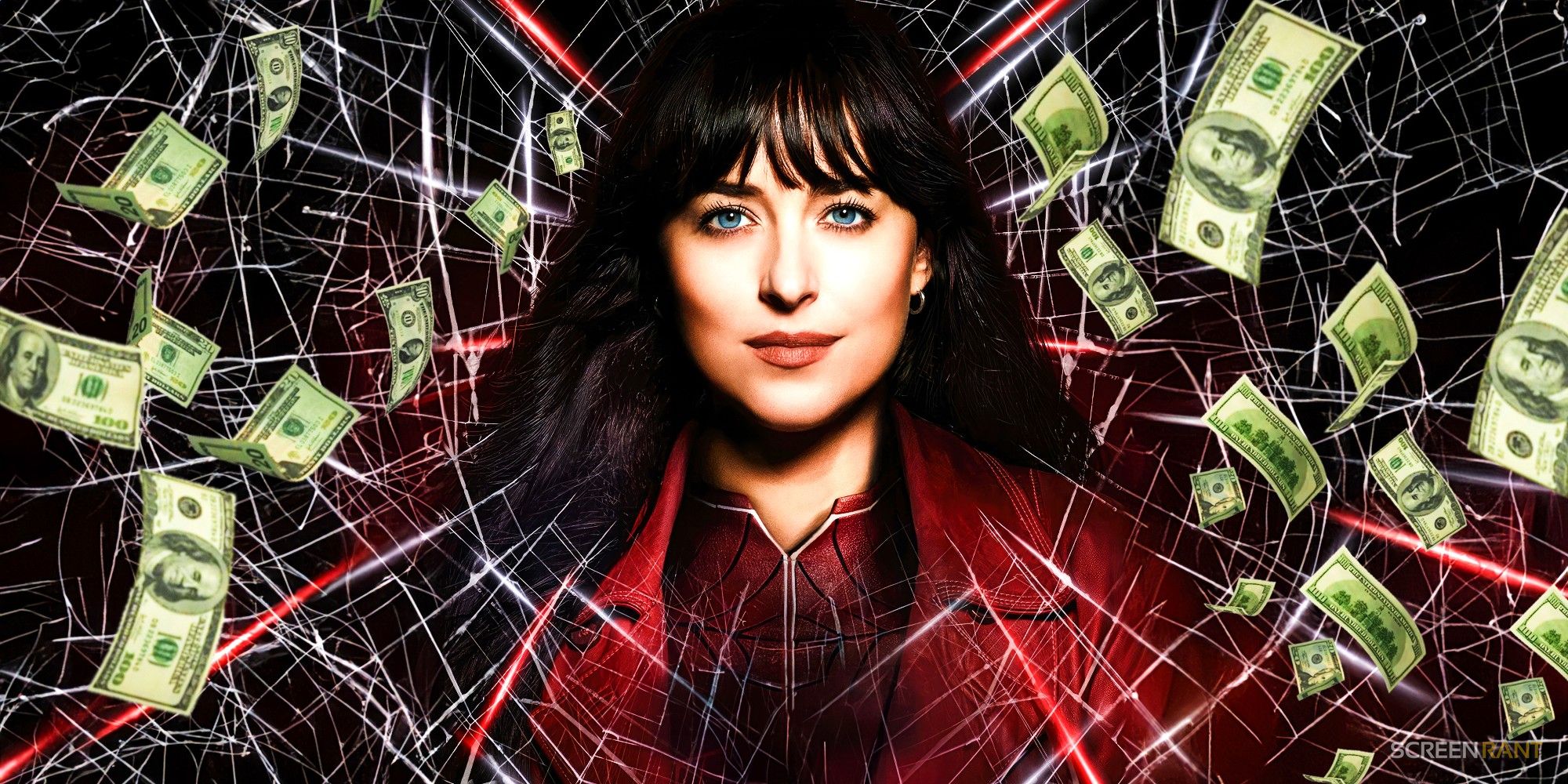 Dakota Johnson as Cassandra Web Surrounded By Spider Webs And Money In Madame Web