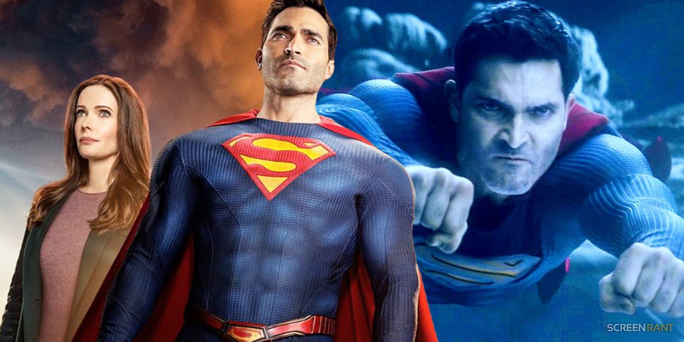 Elizabeth Tulloch's Lois Lane and Tyler Hoechlin's Superman standing next to a shot of an angry Superman flying