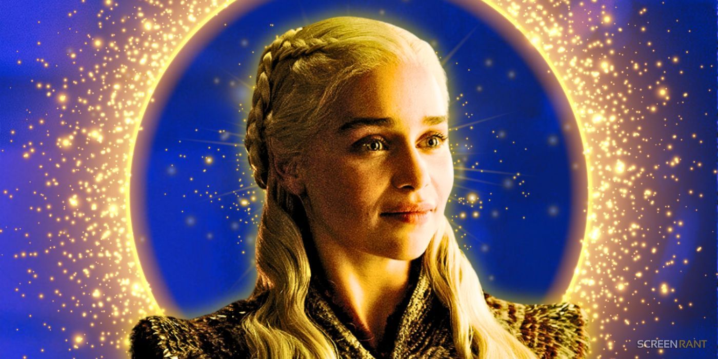Emilia Clarke as Daenerys Targaryen in Game of Thrones season 8, with a gold ring behind her