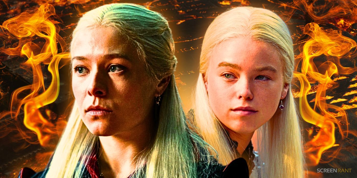 Emma D'Arcy and Milly Alcock's versions of Rhaenyra Targaryen in House of the Dragon side-by-side on a fiery background