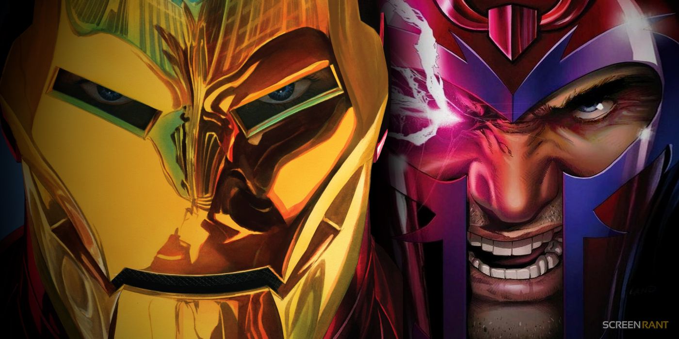 Close up images of Iron Man's helmet and Magneto's face in Marvel Comics art by Ross and Land