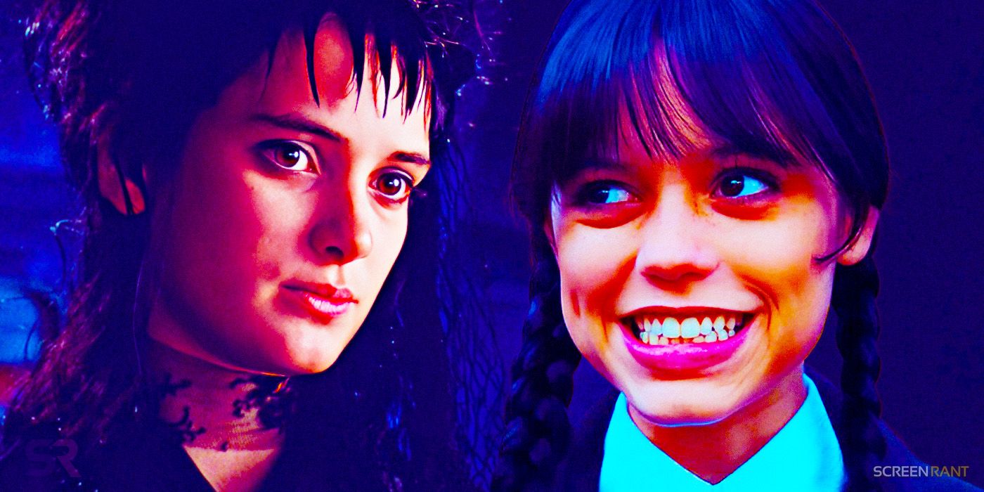Winona Ryder as Lydia in Beetlejuice with Jenna Ortega smiling as Wednesday Addams